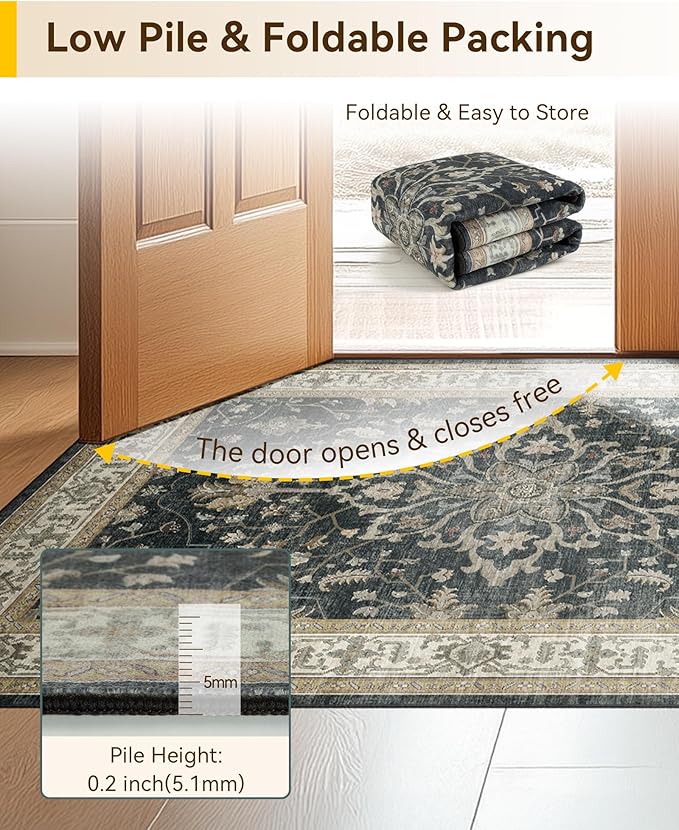 RELEANY Area Rugs Square 10ft Washable Non-Slip, Floral Vintage Distress Medallion Carpet for Living Room Bedroom Dining Room, Vintage Black Brown Neutral