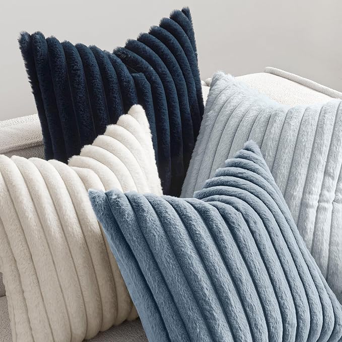 MIULEE Faux Fur Plush Decorative Throw Pillow Covers 16x16 Set of 4, Spring Modern Soft Fuzzy Coastal Striped Cushion Covers for Sofa Couch Bed Living Room Cozy Home Decor,Navy Blue