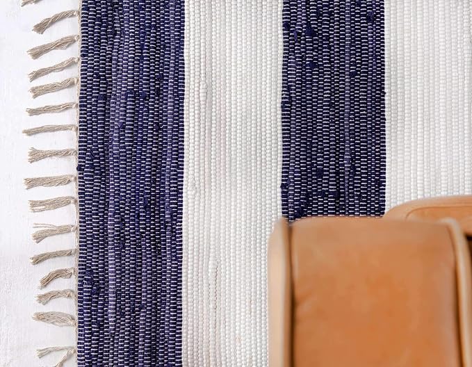 Unique Loom Chindi Rag Collection Area Rug - Striped (12' 2" x 16' 1" Rectangle, Navy Blue/ Ivory)