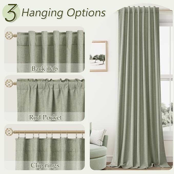 Sage Green 100% Blackout Linen Curtains 92 Inch Length 2 Panels Set for Living Room Bedroom Back Tab Thermal Insulated Black Out Drapes Room Darkening Farmhosue Window Curtains 92 Inches Long