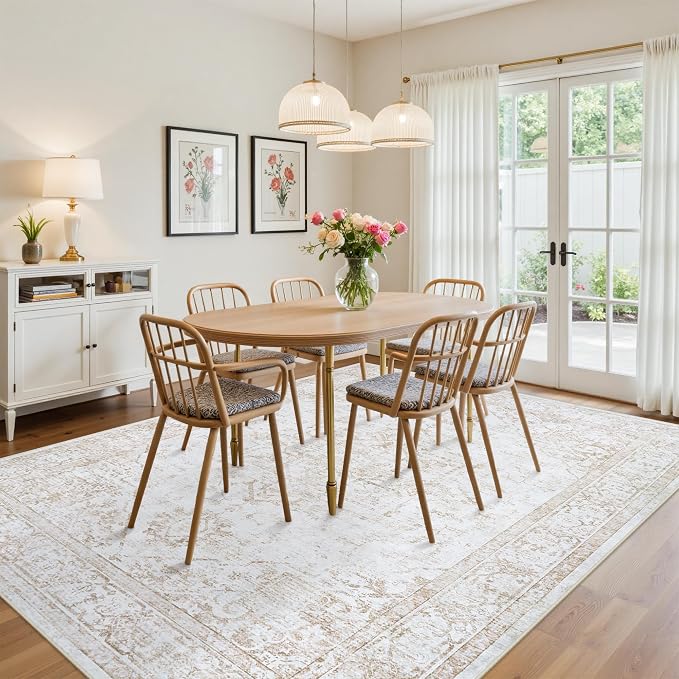 10x12 Area Rugs for Living Room:Beige Washable Vintage Medallion Rug Non-Slip Soft Low Pile Large Rugs Indoor Retro Carpet for Bedroom Kitchen Nursery Dining Table Office (Beige, 10'x12')