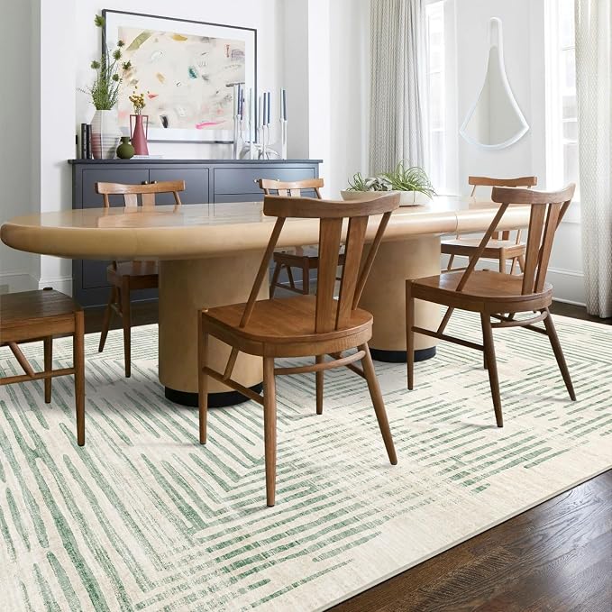 BLISSA Washable 5x8 Area Rug - Soft Modern Throw Rugs for Living Room Non-Slip Ultra-Thin Sage Green Lines Borderd Abstract Carpet for Bedroom Dining Room Rugs for Under Table Nursery Foyer Home Decor