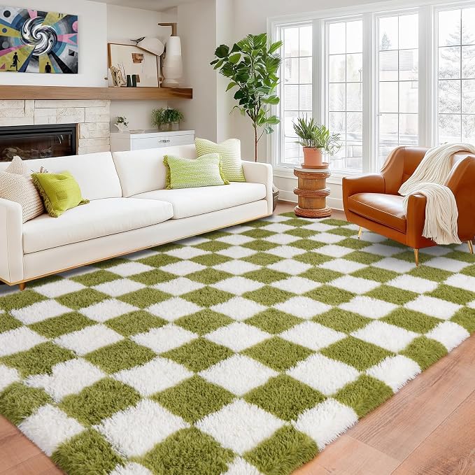 Pionblank 9x12 Area Rug, Large Fluffy Checkered Rugs for Living Room, Shag Rug for Bedroom, Soft Non Slip Shag Carpet for Kids Room Nursery Home Decor, Grass Green and White
