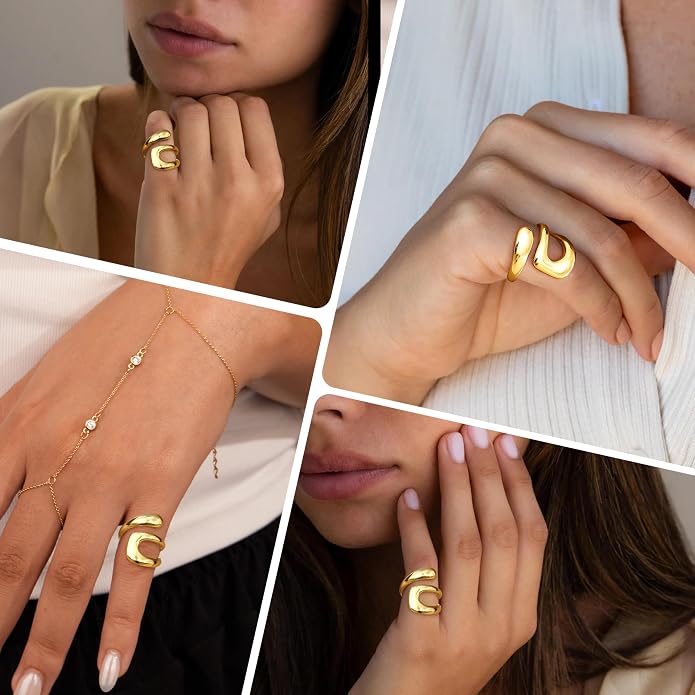 Gelbesty Waterproof Gold Statement Rings for Women, 14K Gold Plated Chunky Open Stackable Rings Non Tarnish Fashion Adjustable Stainless Steel Pinky Knuckle Signet Vintage Ring Jewelry Size 5-11
