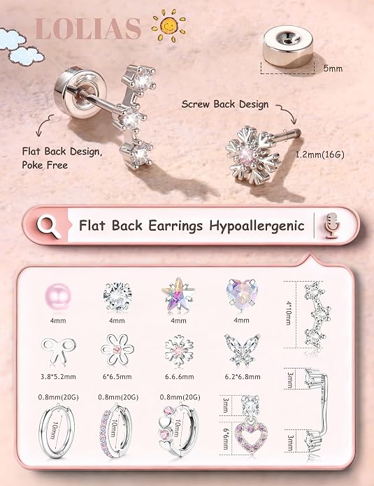 LOLIAS Hypoallergenic Flat Back Earrings for Women Girls-Surgical Stainless Steel Earrings for Sensitive Ears-Cute Flatback Stud Earring Set Small Hoops Cartilage Earring Stacks