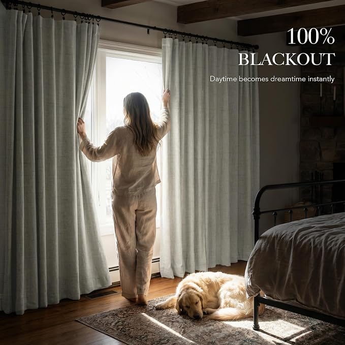 RYB HOME Ivory White 100% Blackout Curtains for Bedroom, Linen Drapes Back Tab&Rod Pocket, Thermal Insulated Privacy Assurd Curtains for Sliding Glass Doors/Dining/Living Room, W52 x L90, 2 Panels