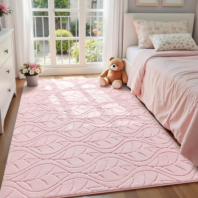 Macgace Soft Area Rug for Girls Bedroom, 4x6 Pink Geometric Shag Rugs | Washable Non-Slip Backing Medium Pile Modren Fuzzy Carpet for Kids Room, Classroom, Living Room, Dorm