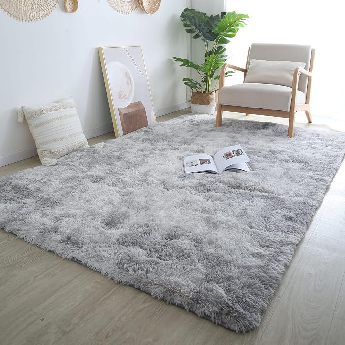 Grey Shag Area Rug for Bderoom 3x5 - Soft Fluffy Carpet Tie-Dyed Light Gray | Plush fuzzy soft carpet for college girls dorm - Non-slip bedside rug - Shag rug for living room - Memory foam comfort