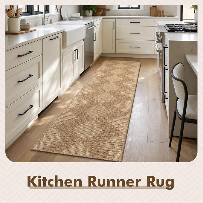 MontVoo-2x8 ft Indoor Outdoor Runner Rugs for Entryway Porch Hallway Kitchen Door Entrance Long, Textured Weave Polypropylene, Durable for High Traffic, Fade-Resistant, Boho Geometric Neutral Brown