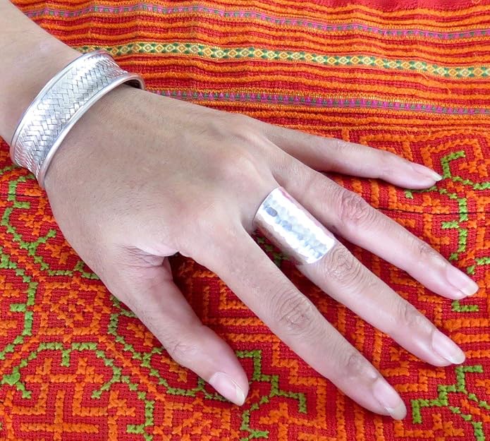 Hammered Shiny Handmade Sterling Silver Large Long Boho Statement Ring, Wide Band Wrap Adjustable to Sizes 6-12,Also as Thumb Ring, Gift for Her