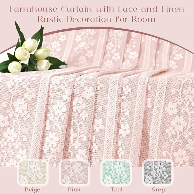 ASPMIZ Linen Valances for Windows Farmhouse, Double Layers Kitchen Curtains with Linen and Lace, Rustic Valance Curtains for Small Window, Kitchen, Bathroom, Cafe, 52 x 18 Inch Rod Pocket, Pink