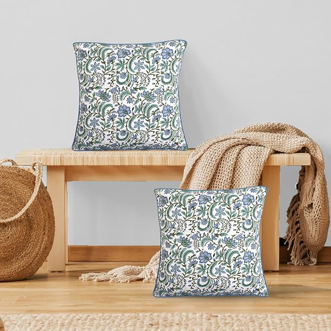Ridhi Block Print Columbia Blue Pillow Cover 16" x 16" (Pack of 2) Decorative Couch Pillows for Living Room, Chic Boho Cute Outdoor Pillows Covers Gifts for Spring, Easter and Valentine