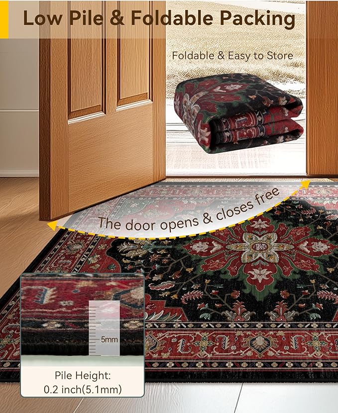 RELEANY Area Rugs 7'x10' Washable Non-Slip, Floral Vintage Distress Medallion Carpet for Living Room Bedroom Dining Room, Red Black
