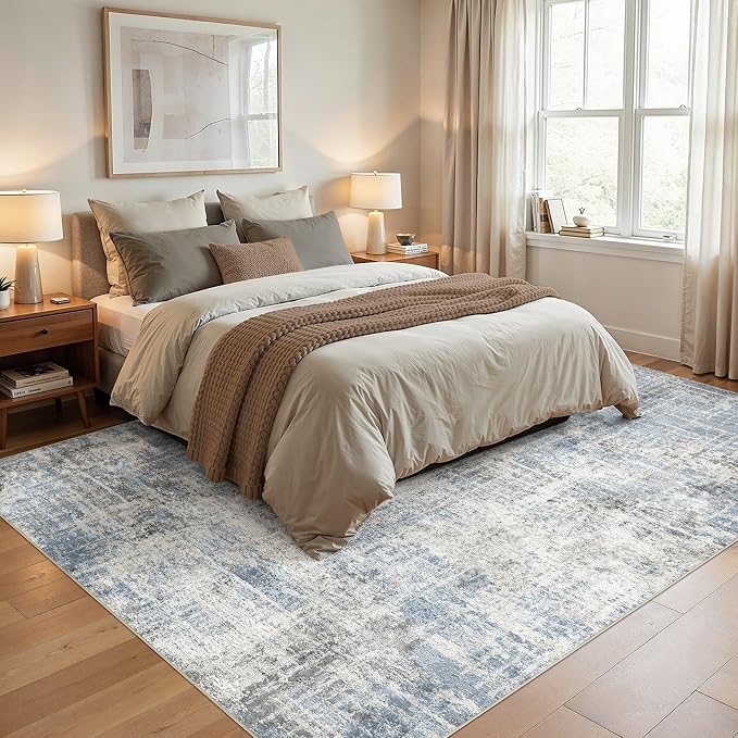 Washable 9x12 Area Rug for Living Room - Modern Abstract Carpet with Non-Slip Backing, Low Pile & Soft, Stain Resistant, Kid & Pet Friendly Decor for Bedroom & Dining Room - Blue Grey