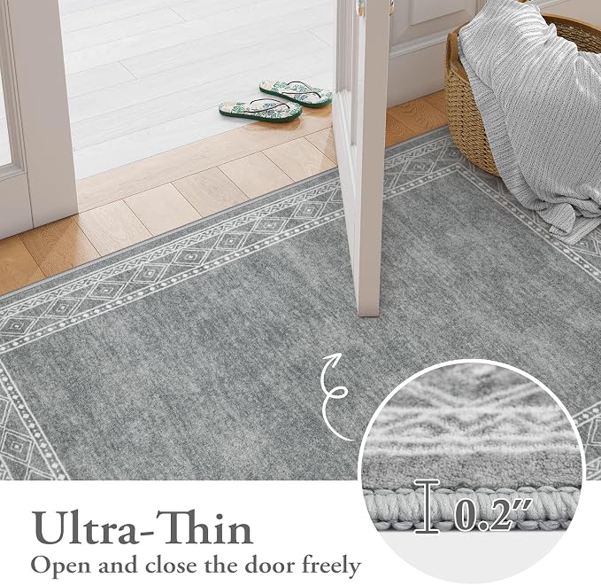 Lahome Modern Bordered Machine Washable Rug, Ultra-Thin 3x5 Rugs for Entryway Bedroom, Non-Slip Stain Resistant Small Carpet for Laundry Entrance (3'x5',Grey)