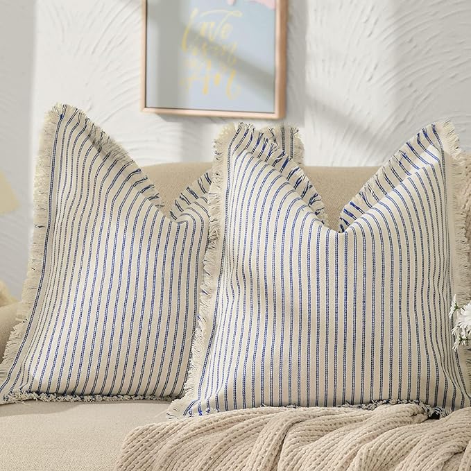 ZWJD Throw Pillow Covers 22x22 Set of 2 Striped Pillow Covers with Fringe Chic Cotton Decorative Pillows Square Cushion Covers for Sofa Couch Bed Living Room Farmhouse Decor(Bright Blue)