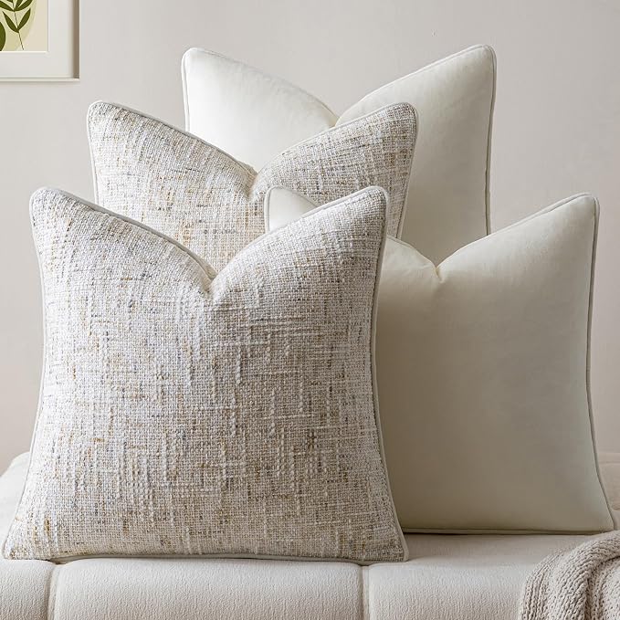 a moment Beige 4 Pack Throw Pillow Covers - Chenille & Velvet Set with Piping, Farmhouse Textured Design Pillow Cases for Couch Sofa Bed Livingroom (16x16 Inch, No Insert)
