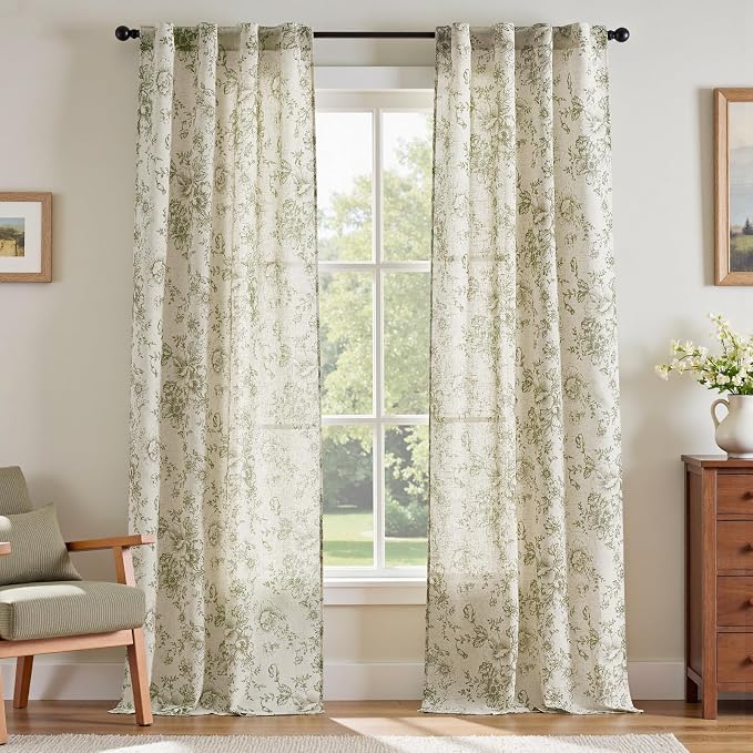jinchan Green Floral Linen Curtains 96 Inch Farmhouse Back Tab 2 Panels | Light filtering drapes, semi sheer, farmhouse, cottagecore, rustic, living room, bedroom, rod pocket, window treatment