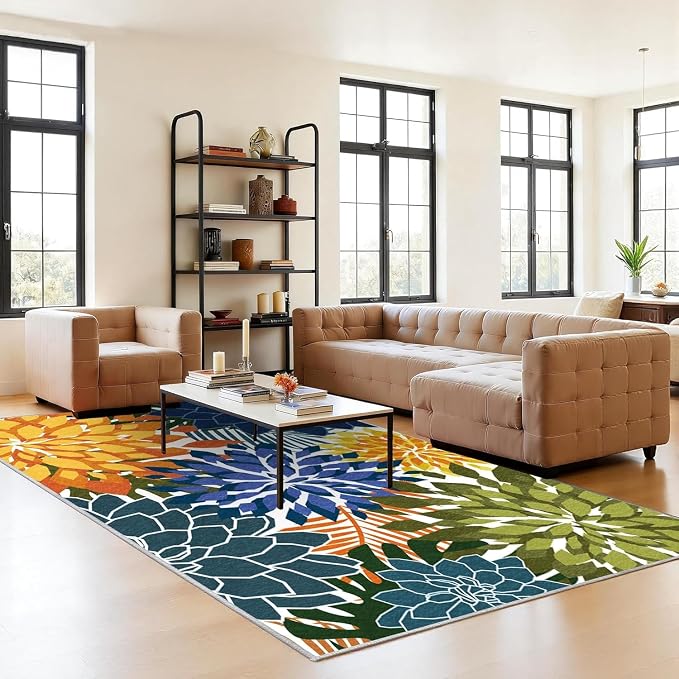 ZonLi Colorful Outdoor Rug 6x9Ft Waterproof Multicolored Indoor Area Rug Washable Outdoor Patio Rugs Tropical Floral Non Slip Outdoor Carpet for Living Room, Pool,Backyard,Deck,Camping
