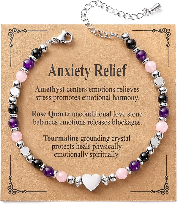 Jardme Natural Healing Crystals Bracelets for Women, Anxiety Relief Triple Protection Good Luck, Kalm Bracelet, Inspirational Spiritual Jewelry Gift for Friends Daughter Mom 6.5+2 Inches