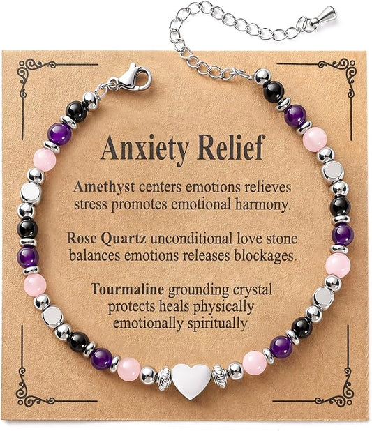 Jardme Natural Healing Crystals Bracelets for Women, Anxiety Relief Triple Protection Good Luck, Kalm Bracelet, Inspirational Spiritual Jewelry Gift for Friends Daughter Mom 6.5+2 Inches