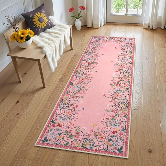Wonnitar 2x6 Washable Runner Rug, Pink Floral Hallway Runner, Boho Kitchen Runner Rug, Non Slip Soft Bathroom Rug, Low Pile Bedroom Bedside Laundry Decor (2x6 Pink)