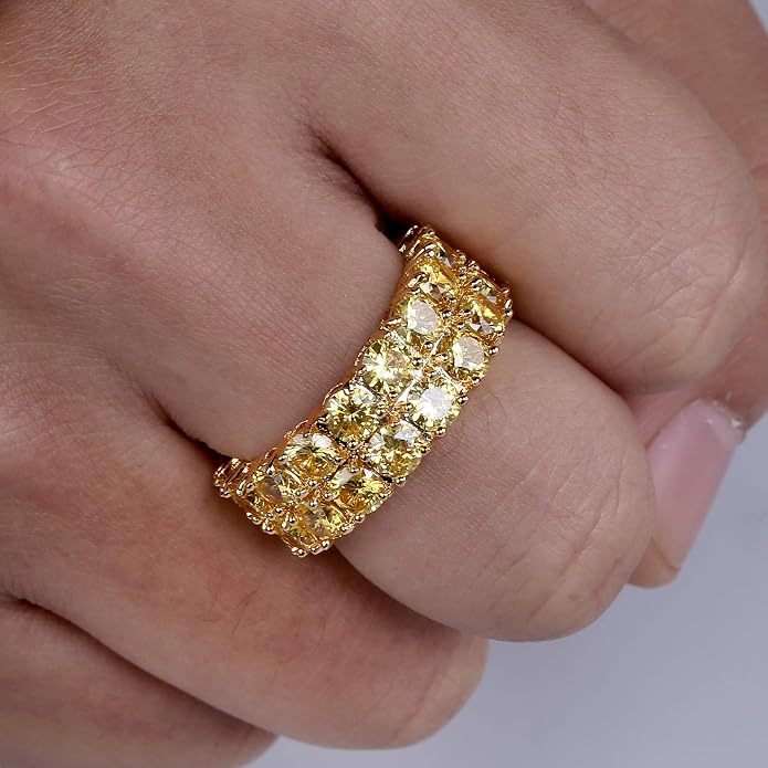 TOPGRILLZ 2-Row Cubic Zirconia Band Ring for Men & Women, 14K Gold Plated Brass, 9 mm Wide Iced-Out Eternity, Sizes 6-12, Golden or Silvery