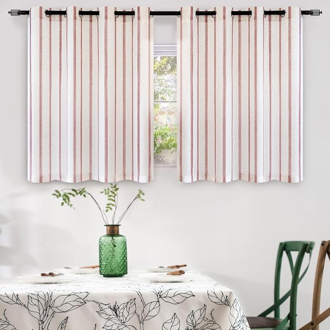 DriftAway Farmhouse Linen Stripe Blackout Curtains, W52xL36, Red | Blackout, Linen Texture, Stripe Pattern, Rod Pocket & Back Tab, Two Layers, Bedroom Living Room Use, Sound Reducing Design
