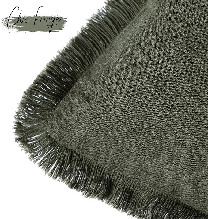 Foindtower Set of 2 Decorative Linen Fringe Throw Pillow Covers Cozy Farmhouse Cushion Cover with Tassels Accent Pillowcase for Couch Chair Sofa Bed Living Room Home Decor,20×20 Inch,Dark Olive Green