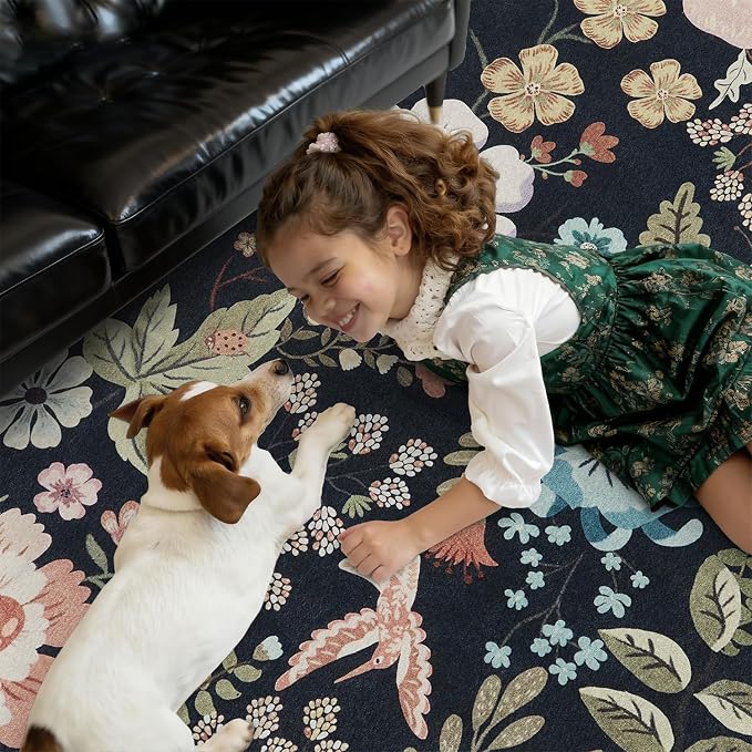 DCX Vintage Floral Rug 6x9, Washable Black Rug for Living Room, Kid & Pet Friendly with Rubber Back Non Slip, Soft Low Pile Carpet, Stain Resistant Rug for Bedroom, Nursery, Dining Room