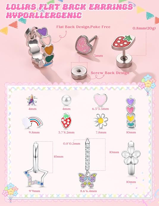 LOLIAS Hypoallergenic Earrings for Girls Flat Back-Stainless Surgical Steel Earrings for Sensitive Ears Women Cute Hoops Flatback Studs Screw Back Toddler Kids Teen Girls Earrings Jewelry