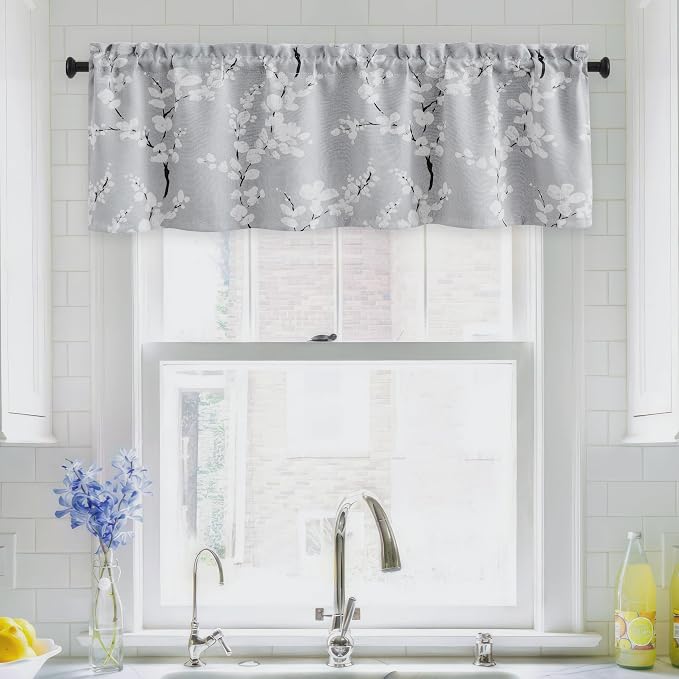 FMFUNCTEX 100% Blackout Grey Floral Curtains, Rod Pocket 18 Inch 1 Panel | Black Out Drapes, Thermal Insulated, Blossom Patterned Short Panel for Kitchen Curtains, Cafe, Bathroom, Door Glass