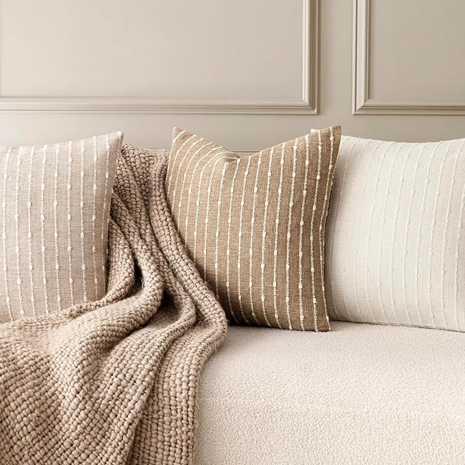 Foindtower Pack of 2 Decorative Jacquard Boucle Lumbar Throw Pillow Covers Accent Textured Striped Pillowcases Cozy Boho Cushion for Couch Sofa Bedroom Living Room Home Decor 12x20 Inch Natural Beige