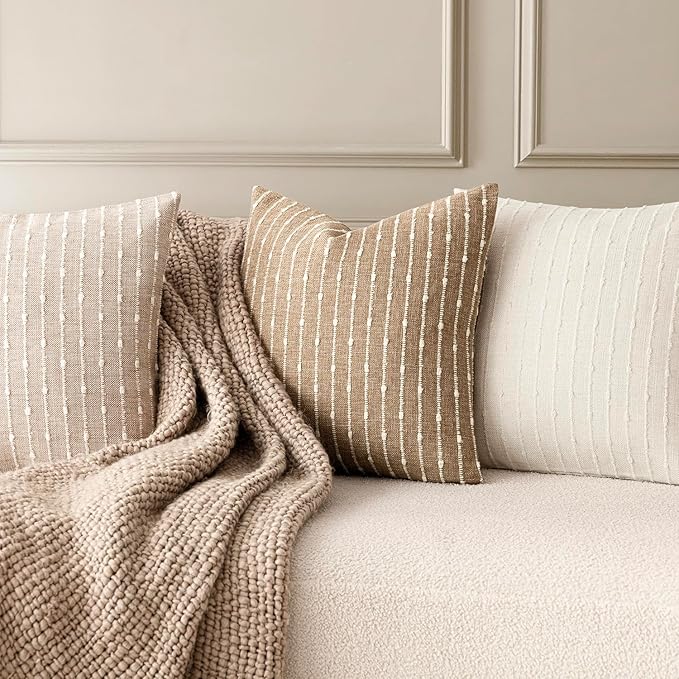 Foindtower Pack of 2 Decorative Jacquard Boucle Throw Pillow Covers Accent Textured Striped Pillowcases Soft Boho Modern Cushion for Couch Sofa Bedroom Living Room Home Decor 20x20 Inch Natural Beige