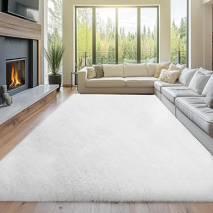 10x12 White Shag Area Rug for Living Room - Soft Fluffy Carpet | Ultra Soft Plush Pile - Pure Bright White Hue - Stays Firmly in Place - Instantly Brightens Any Room