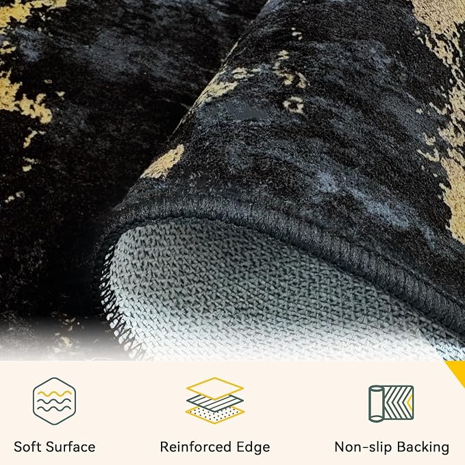 RELEANY Washable Area Rugs 2'x3' Non-Slip Modern Abstract Soft for Living Room Entryway Bedroom Kitchen, Print Pattern, Dark Black Gold