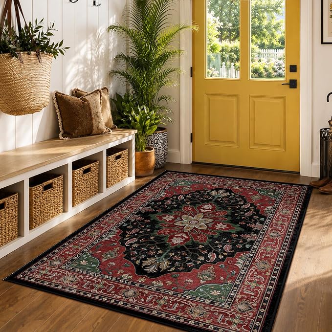 RELEANY Area Rugs 5'x7' Washable Non-Slip, Floral Vintage Distress Medallion Carpet for Living Room Bedroom Dining Room, Red Black