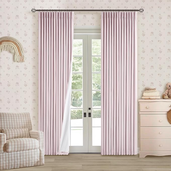 TWODRAPES Light Pink Pinch Pleated 100% Blackout Linen 84 Inch Curtains | Room Darkening with Liner, Memory Shape Pleat Back Tab, Thermal Insulated, for Living Room Nursery Girls Bedroom, W40xL84