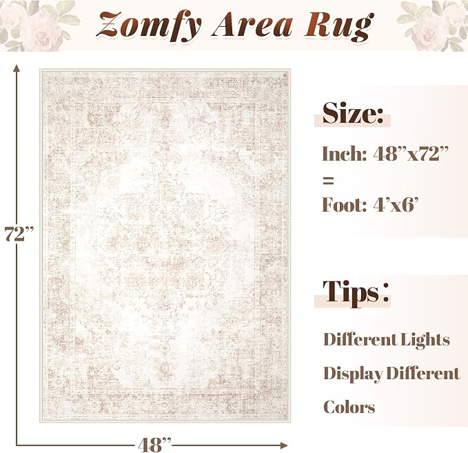 Area Rug 4x6 Vintage Rug: Washable Indoor Medallion Rugs Low Pile Distressed Floor Carpet Retro Accent Rug for Living Room Bedroom Kitchen Dining Table Home Office(Retro Beige, 4'x6')