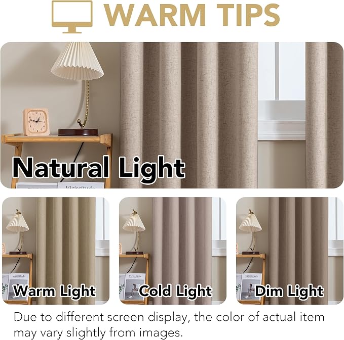 H.VERSAILTEX Linen Curtains 100% Blackout Curtains for Bedroom 120 inch Long Full Light Blocking Nature Linen Blended Window Curtains for Living Room Nickel Grommet (2 Panels, Heathered Sand)