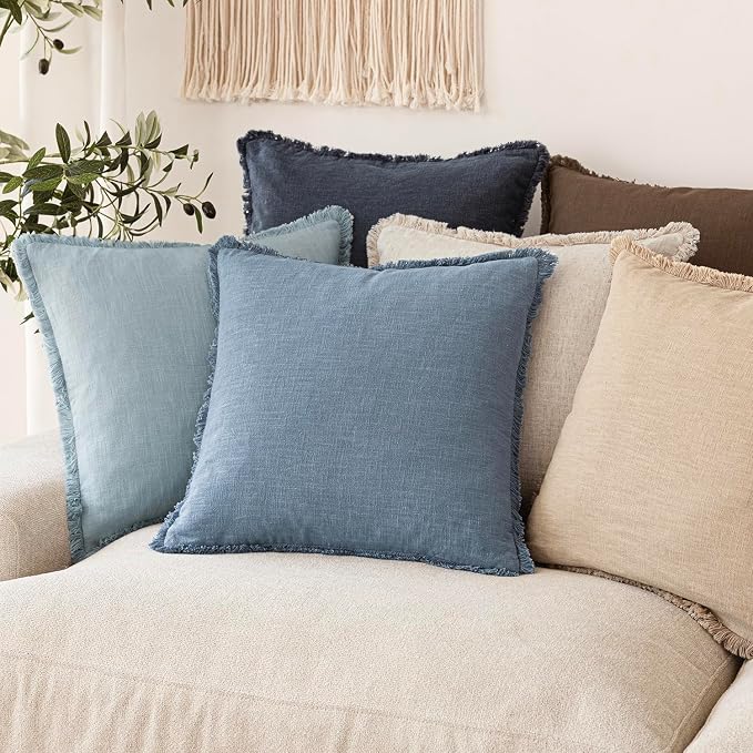 Foindtower Set of 2 Decorative Linen Fringe Throw Pillow Covers Cozy Boho Farmhouse Cushion Cover with Tassels Soft Accent Pillowcase for Couch Sofa Bed Living Room Home Decor, 24×24 Inch, Misty Blue