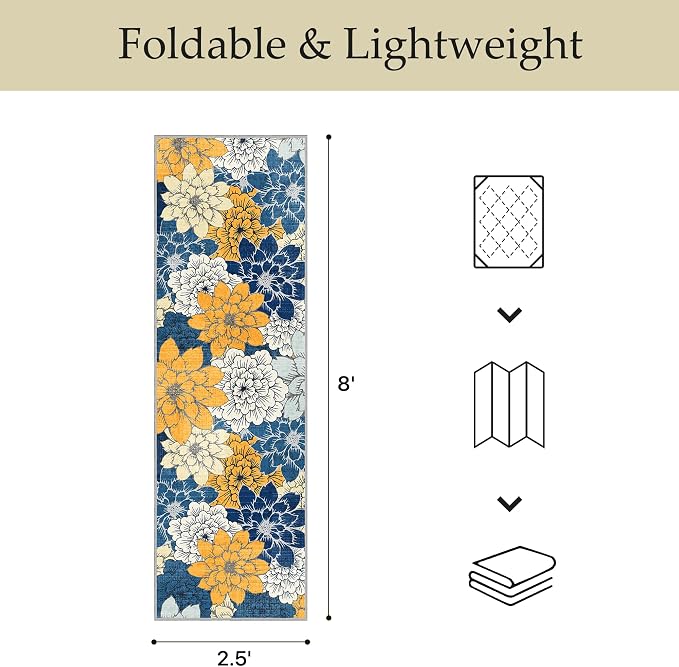 GENIMO 2.5x8 Outdoor Runner Rug, Washable for Patio, Blue | Floral design for balcony; fade resistant chenille and quick-dry non-slip backing for indoor hallway kitchen