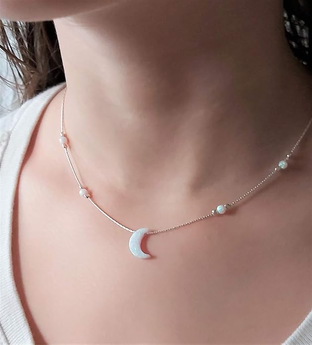AVNIS White Opal Moon Necklace Crescent Moon Choker Jewelry, Dainty Box chain Length 16+2 Inches extender Gift for Girl Women