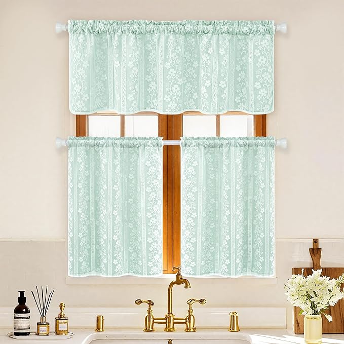 ASPMIZ Linen Farmhouse Kitchen Curtains, Double Layer Valances for Windows with Linen and Lace, Rustic Curtains for Bathroom Window, Cafe Curtain 18 Inch Length Rod Pocket, 52 x 18, Mint Green