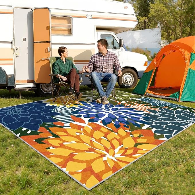 ZonLi Colorful Outdoor Rug 8x10Ft Waterproof Multicolored Indoor Area Rug Washable Outdoor Patio Rugs Tropical Floral Non Slip Outdoor Carpet for Living Room, Pool,Backyard,Deck,Camping