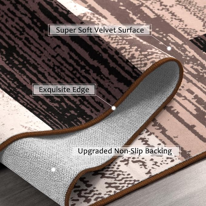 FlyDOIT Modern Geometric Patchwork Runner Rug, 2.7x10 Chocolate Runners for Hallways Non Slip, Washable Indoor Bedside Rugs for Bedroom, Floor Throw Carpet Runner for Entryway kitchen Bathroom Laundry