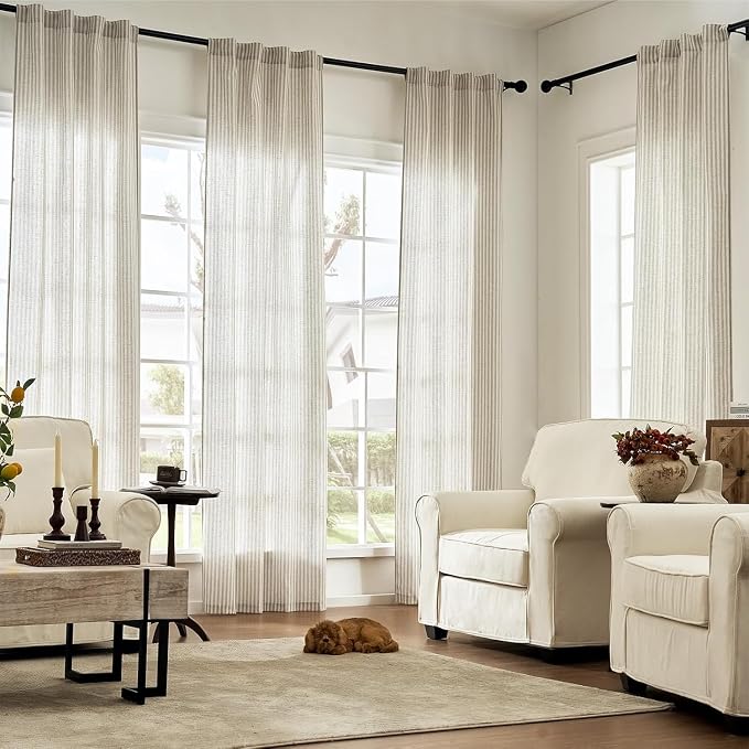 jinchan Linen Curtains 84 Inch Taupe Grey Stripe on Beige Back Tab 4 Panels | Curtains For Living Room Bedroom,Ticking Stripe Pattern, Farmhouse Cottage Core Rustic,Window Treatment,Light Filtering