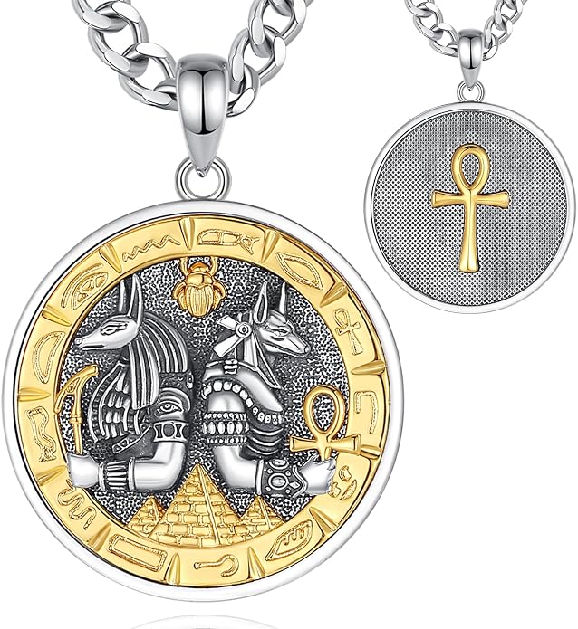 INFUSEU Mythology Pendant Necklaces for Men, Viking Norse Mjolnir Egyptian Anubis Ankh, 22-24 Inch Chain