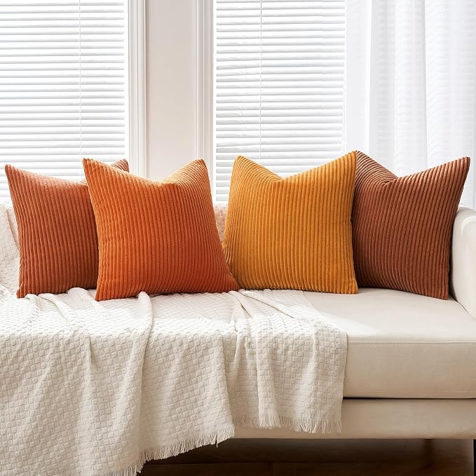 MIULEE Boho Farmhouse Throw Pillow Covers 18x18 Inch Set of 4 Mordern Nordic Cushion Covers Soft Corduroy Fall Home Decor for Couch Bed Sofa Living Room Orange Rust