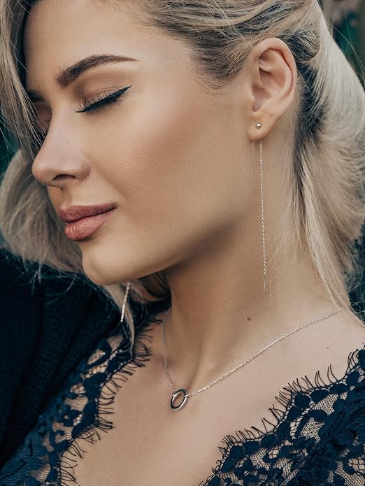 S.Leaf Threader Earrings for Women 925 Sterling Silver Gold Plated Hypoallergenic Backless Ardant Chain Duster Tassel Drop Double Piercing Pull Through Earrings for Women Trendy